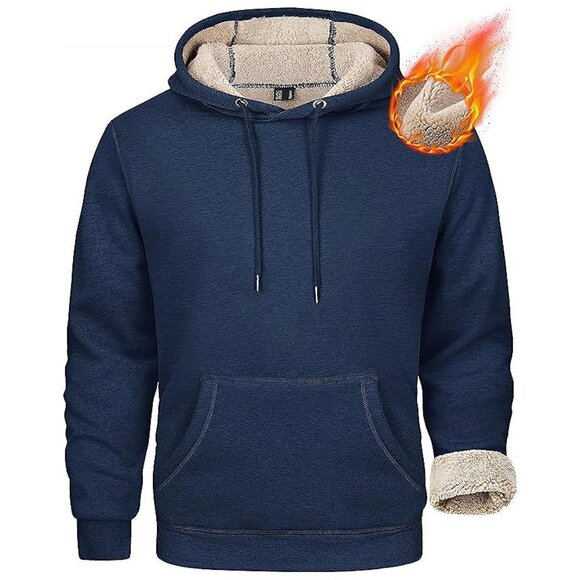 Men's Heavy Hoodie Sherpa Fleece Lined Pullover Thick Winter Navy